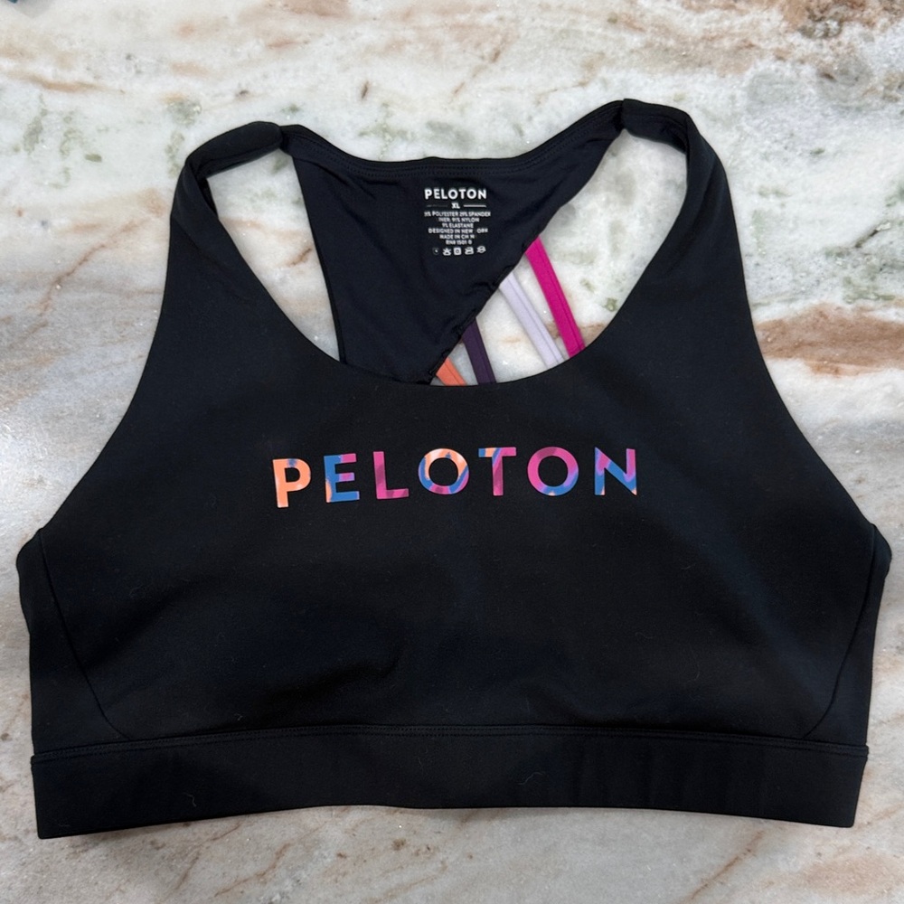Peloton Black Sports Bra with Colorful Logo